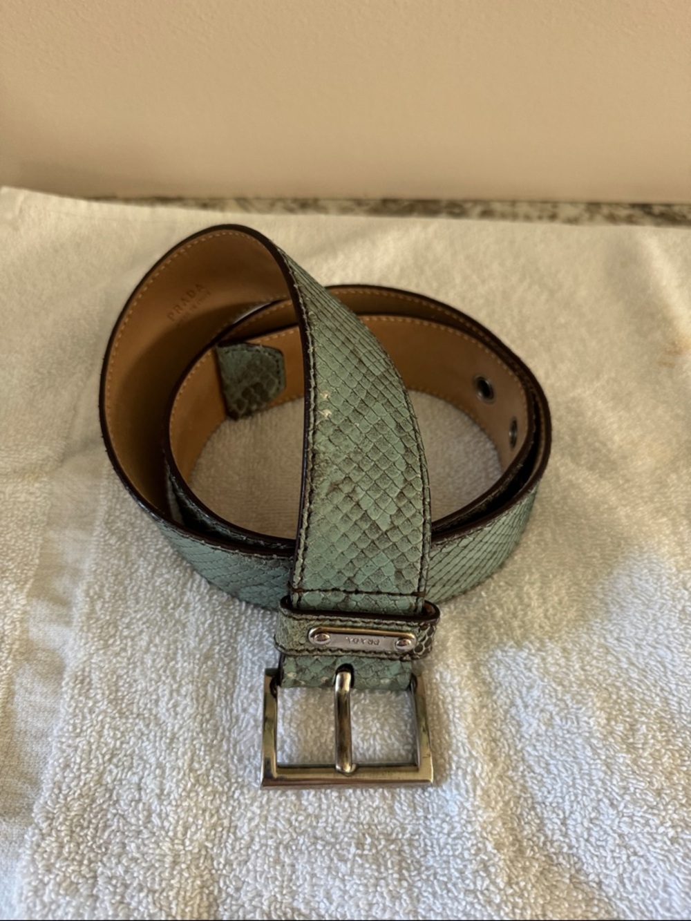 Prada Mint Green Textured Leather Belt with Silver Buckle